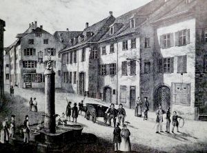 Bild 4 - Ansicht des Spitals um 1840 nach J.J. Neustück, in Bruckner, Albert: 700 Jahre Bürgerspital Basel, Basel 1965, S. 17.